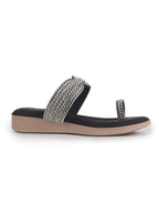 Women Black Toe Ring Crystal Strap Slip-On Ethnic Party Dress Sandals|Low Heel Wedge Slip On Ortho Slippers|Perfect for Wedding, Indian Festivals, Traditionals