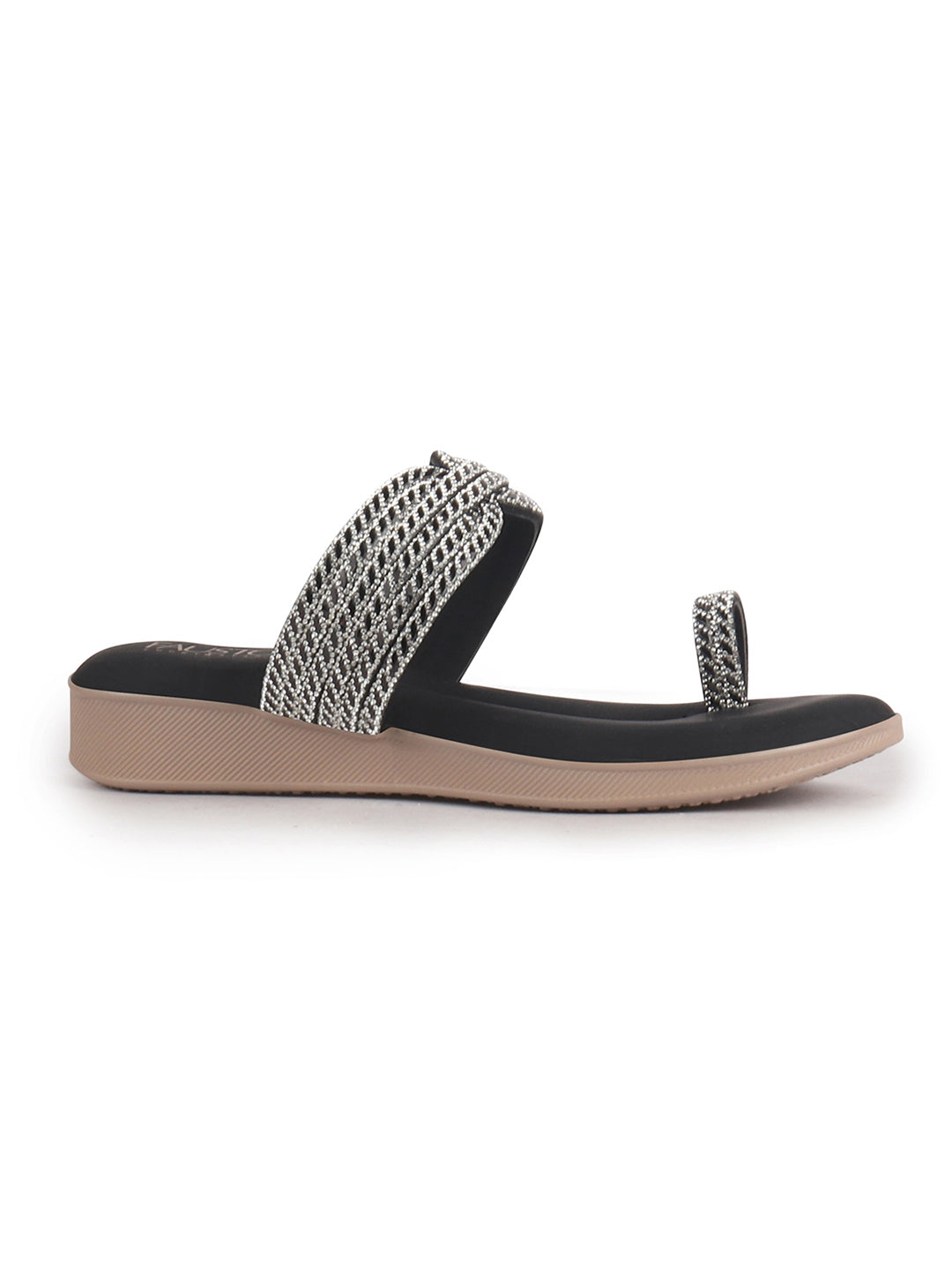 Women Black Toe Ring Crystal Strap Slip-On Ethnic Party Dress Sandals|Low Heel Wedge Slip On Ortho Slippers|Perfect for Wedding, Indian Festivals, Traditionals