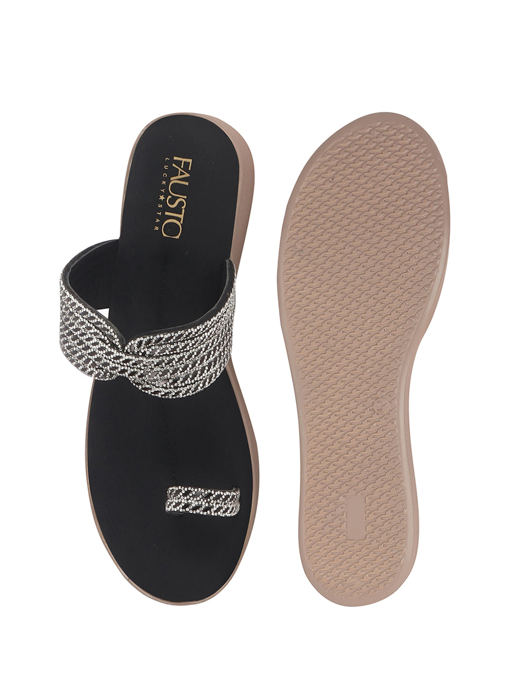 Women Black Toe Ring Crystal Strap Slip-On Ethnic Party Dress Sandals|Low Heel Wedge Slip On Ortho Slippers|Perfect for Wedding, Indian Festivals, Traditionals