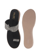Women Black Toe Ring Crystal Strap Slip-On Ethnic Party Dress Sandals|Low Heel Wedge Slip On Ortho Slippers|Perfect for Wedding, Indian Festivals, Traditionals