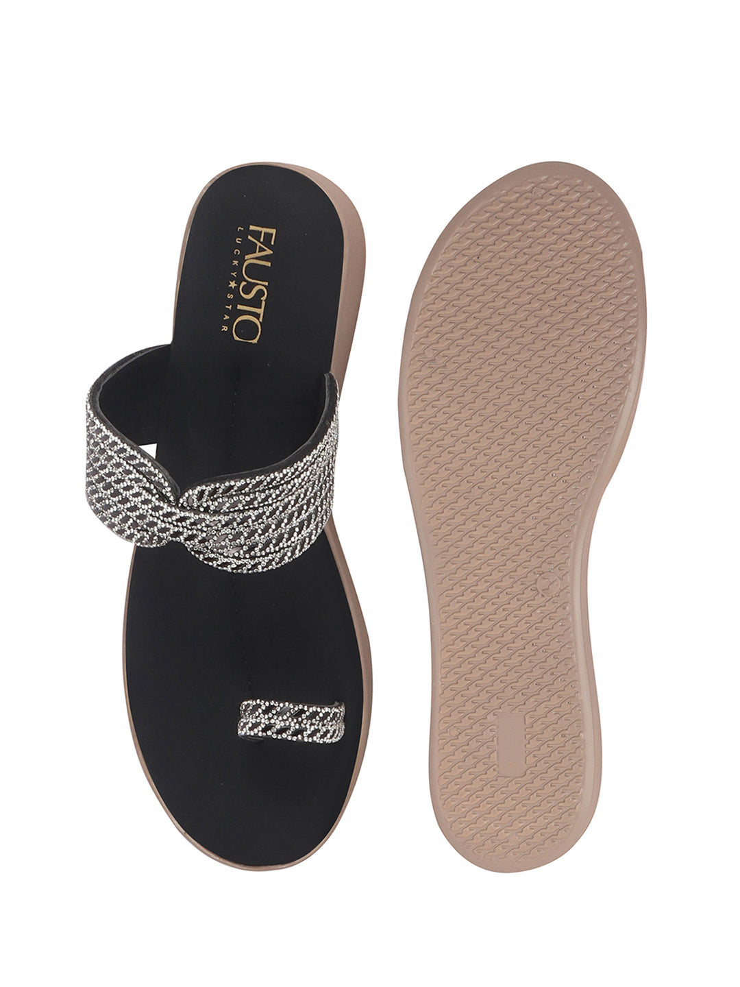 Women Black Toe Ring Crystal Strap Slip-On Ethnic Party Dress Sandals|Low Heel Wedge Slip On Ortho Slippers|Perfect for Wedding, Indian Festivals, Traditionals