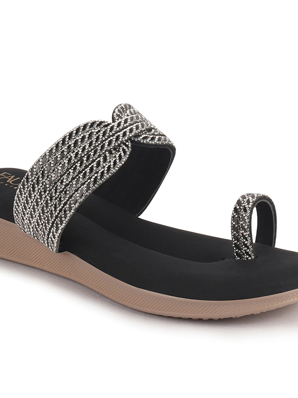 Women Black Toe Ring Crystal Strap Slip-On Ethnic Party Dress Sandals|Low Heel Wedge Slip On Ortho Slippers|Perfect for Wedding, Indian Festivals, Traditionals