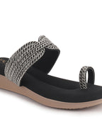 Women Black Toe Ring Crystal Strap Slip-On Ethnic Party Dress Sandals|Low Heel Wedge Slip On Ortho Slippers|Perfect for Wedding, Indian Festivals, Traditionals