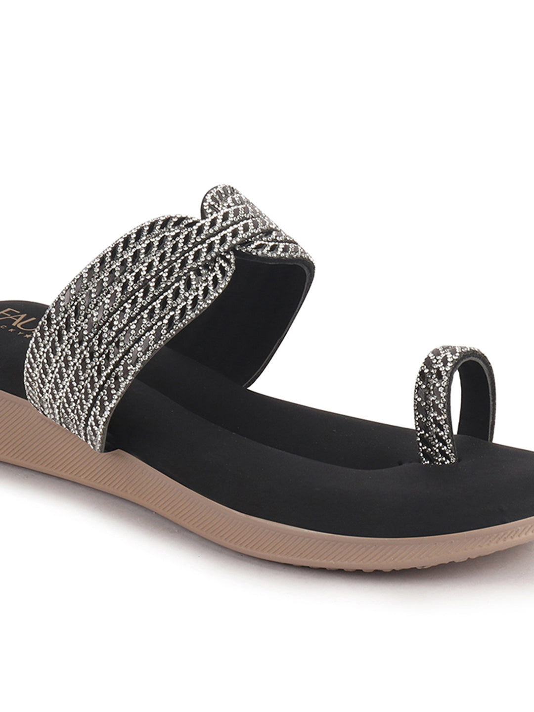 Women Black Toe Ring Crystal Strap Slip-On Ethnic Party Dress Sandals|Low Heel Wedge Slip On Ortho Slippers|Perfect for Wedding, Indian Festivals, Traditionals