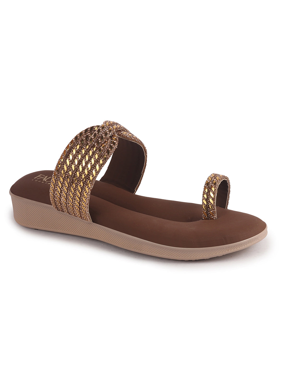 Women Brown Toe Ring Crystal Strap Slip-On Ethnic Party Dress Sandals|Low Heel Wedge Slip On Ortho Slippers|Perfect for Wedding, Indian Festivals, Traditionals