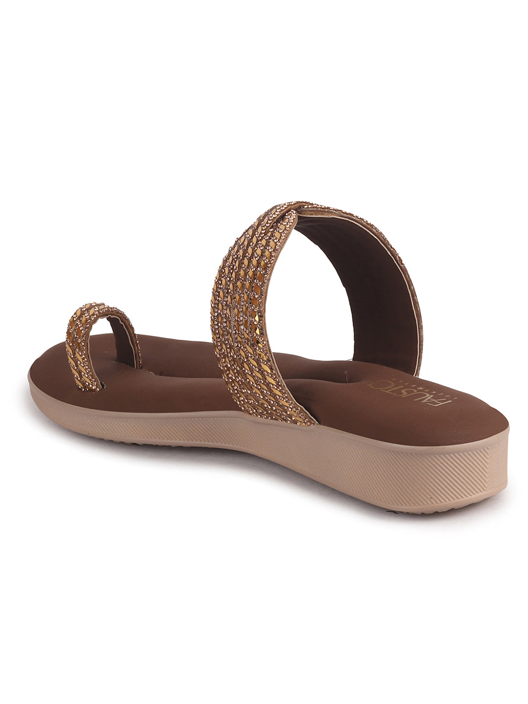 Women Brown Toe Ring Crystal Strap Slip-On Ethnic Party Dress Sandals|Low Heel Wedge Slip On Ortho Slippers|Perfect for Wedding, Indian Festivals, Traditionals