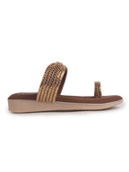 Women Brown Toe Ring Crystal Strap Slip-On Ethnic Party Dress Sandals|Low Heel Wedge Slip On Ortho Slippers|Perfect for Wedding, Indian Festivals, Traditionals