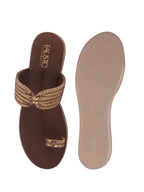 Women Brown Toe Ring Crystal Strap Slip-On Ethnic Party Dress Sandals|Low Heel Wedge Slip On Ortho Slippers|Perfect for Wedding, Indian Festivals, Traditionals