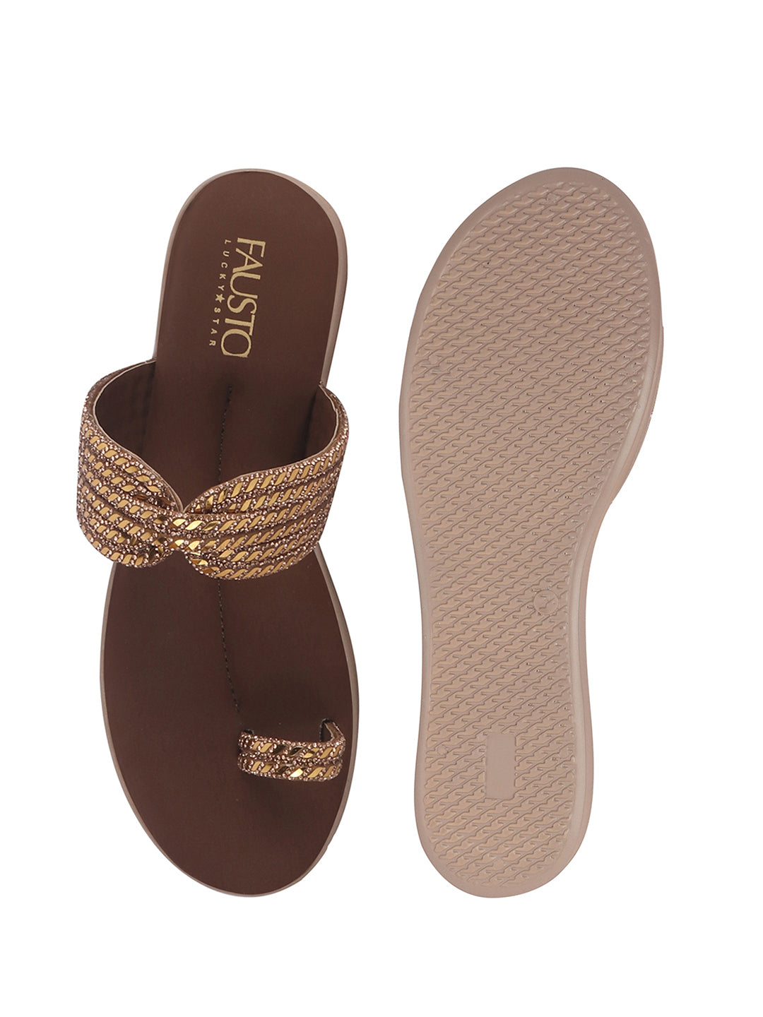 Women Brown Toe Ring Crystal Strap Slip-On Ethnic Party Dress Sandals|Low Heel Wedge Slip On Ortho Slippers|Perfect for Wedding, Indian Festivals, Traditionals