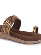 Women Brown Toe Ring Crystal Strap Slip-On Ethnic Party Dress Sandals|Low Heel Wedge Slip On Ortho Slippers|Perfect for Wedding, Indian Festivals, Traditionals