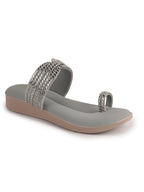 Women Grey Toe Ring Crystal Strap Slip-On Ethnic Party Dress Sandals|Low Heel Wedge Slip On Ortho Slippers|Perfect for Wedding, Indian Festivals, Traditionals