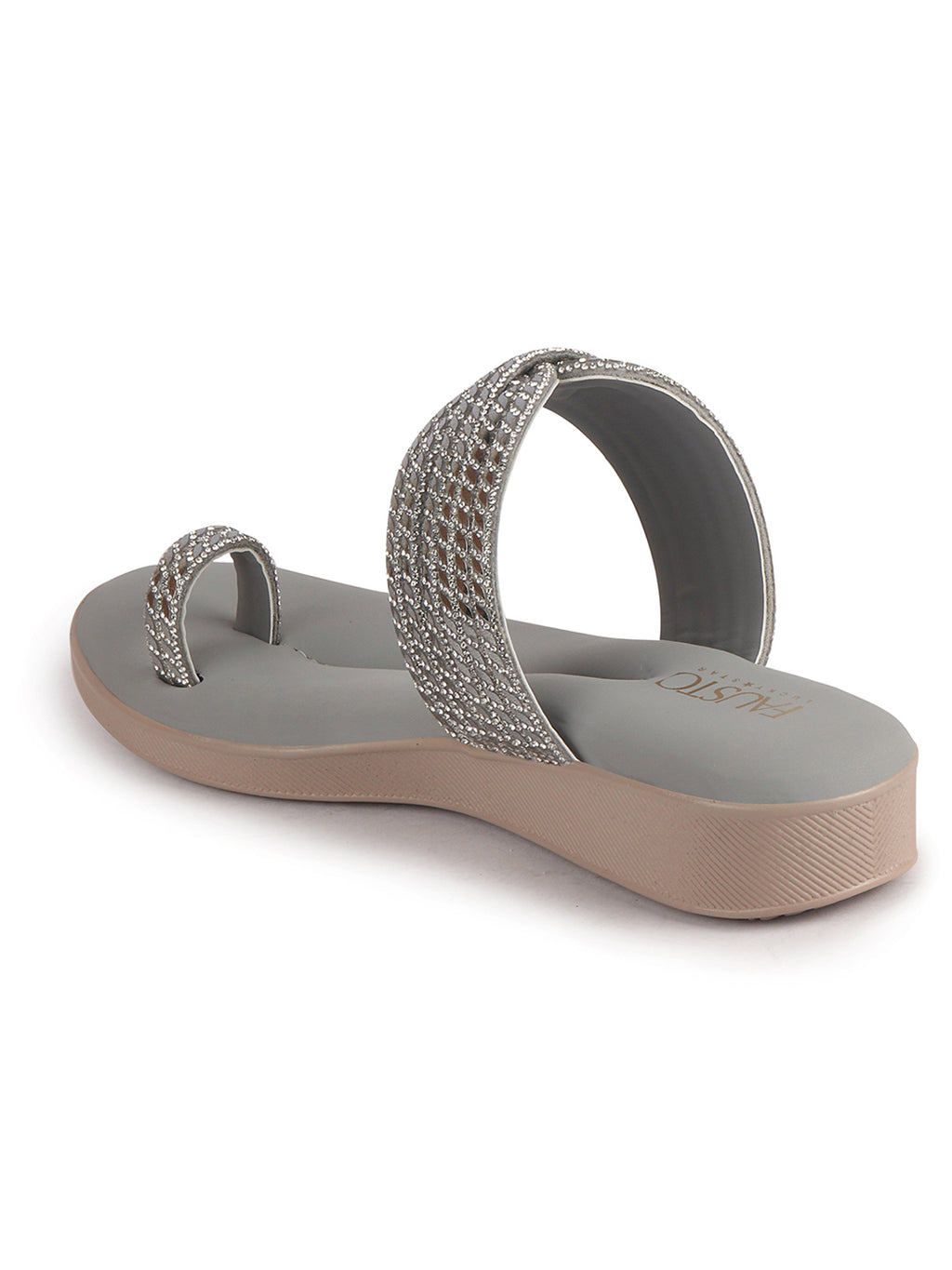 Women Grey Toe Ring Crystal Strap Slip-On Ethnic Party Dress Sandals|Low Heel Wedge Slip On Ortho Slippers|Perfect for Wedding, Indian Festivals, Traditionals