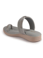 Women Grey Toe Ring Crystal Strap Slip-On Ethnic Party Dress Sandals|Low Heel Wedge Slip On Ortho Slippers|Perfect for Wedding, Indian Festivals, Traditionals
