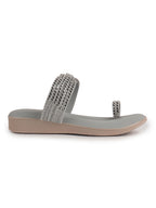 Women Grey Toe Ring Crystal Strap Slip-On Ethnic Party Dress Sandals|Low Heel Wedge Slip On Ortho Slippers|Perfect for Wedding, Indian Festivals, Traditionals