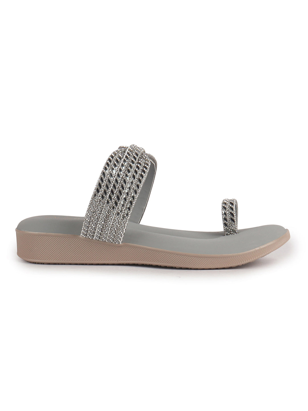 Women Grey Toe Ring Crystal Strap Slip-On Ethnic Party Dress Sandals|Low Heel Wedge Slip On Ortho Slippers|Perfect for Wedding, Indian Festivals, Traditionals