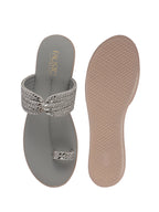 Women Grey Toe Ring Crystal Strap Slip-On Ethnic Party Dress Sandals|Low Heel Wedge Slip On Ortho Slippers|Perfect for Wedding, Indian Festivals, Traditionals