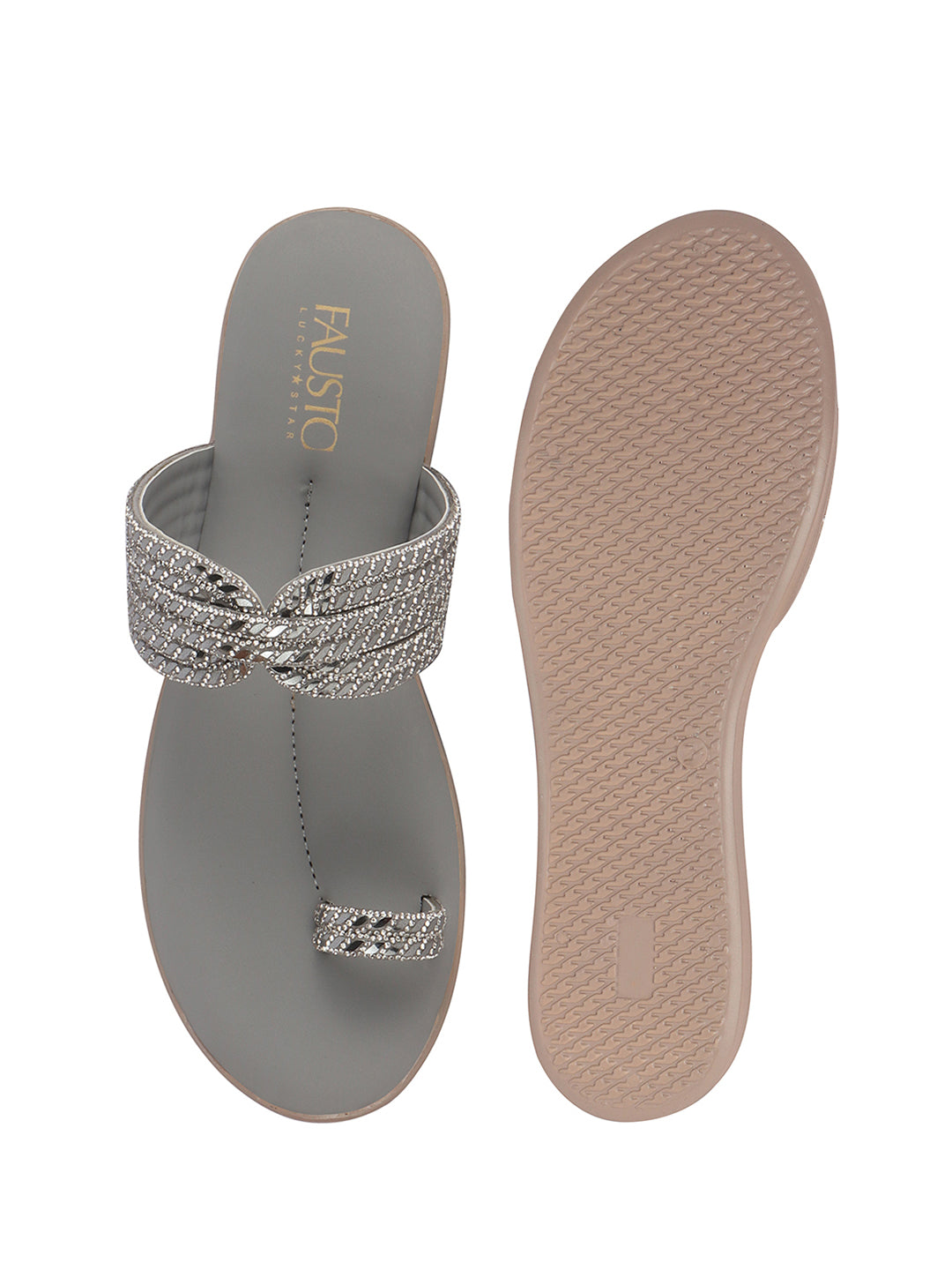 Women Grey Toe Ring Crystal Strap Slip-On Ethnic Party Dress Sandals|Low Heel Wedge Slip On Ortho Slippers|Perfect for Wedding, Indian Festivals, Traditionals