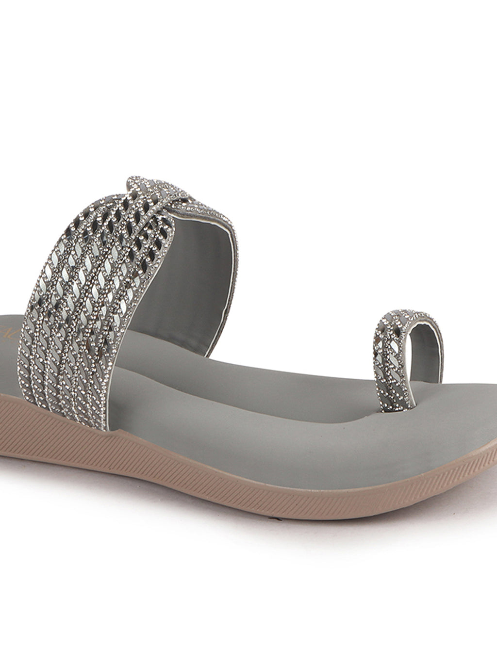 Women Grey Toe Ring Crystal Strap Slip-On Ethnic Party Dress Sandals|Low Heel Wedge Slip On Ortho Slippers|Perfect for Wedding, Indian Festivals, Traditionals