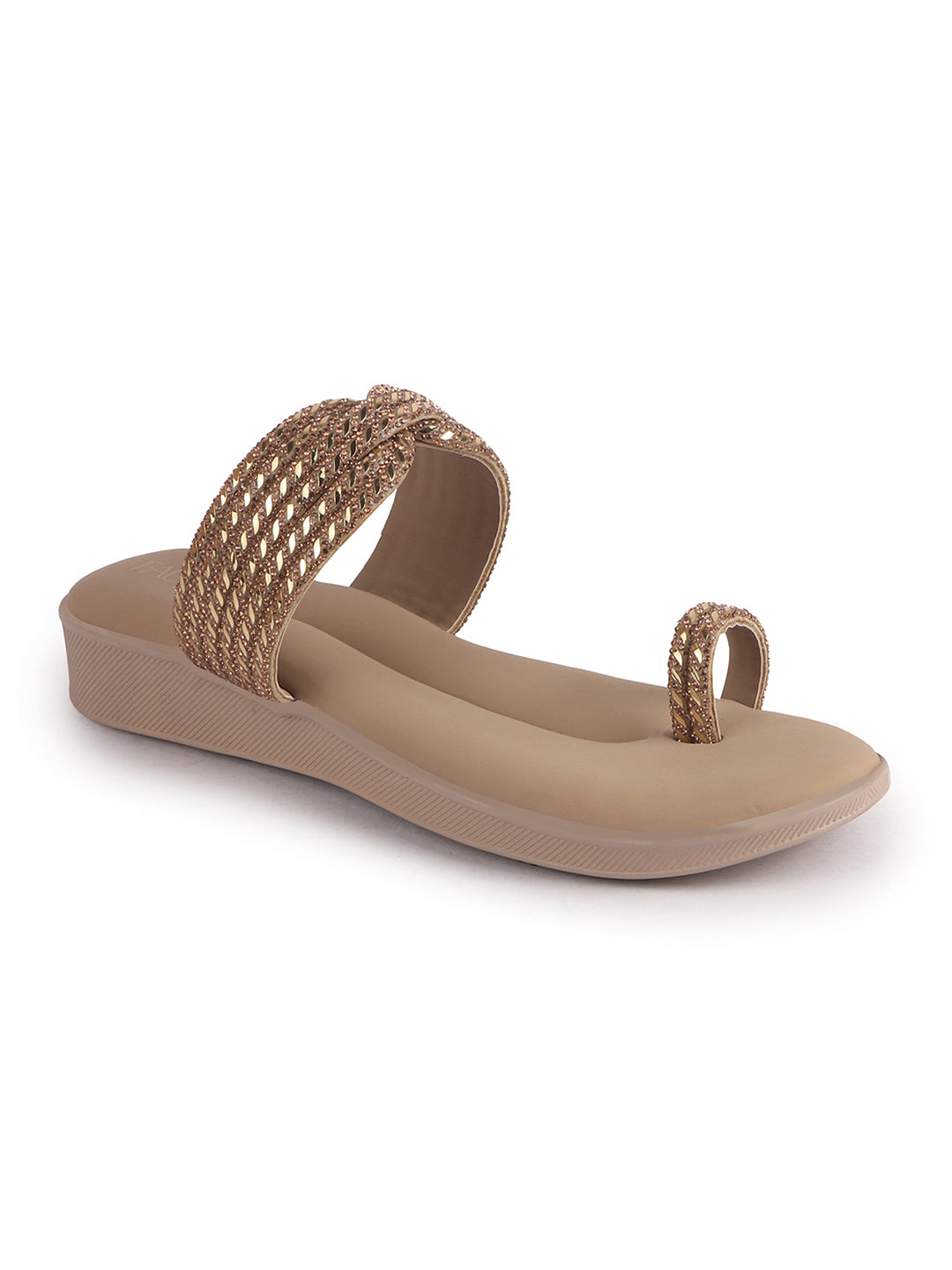 Women Khaki Toe Ring Crystal Strap Slip-On Ethnic Party Dress Sandals|Low Heel Wedge Slip On Ortho Slippers|Perfect for Wedding, Indian Festivals, Traditionals
