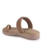 Women Khaki Toe Ring Crystal Strap Slip-On Ethnic Party Dress Sandals|Low Heel Wedge Slip On Ortho Slippers|Perfect for Wedding, Indian Festivals, Traditionals
