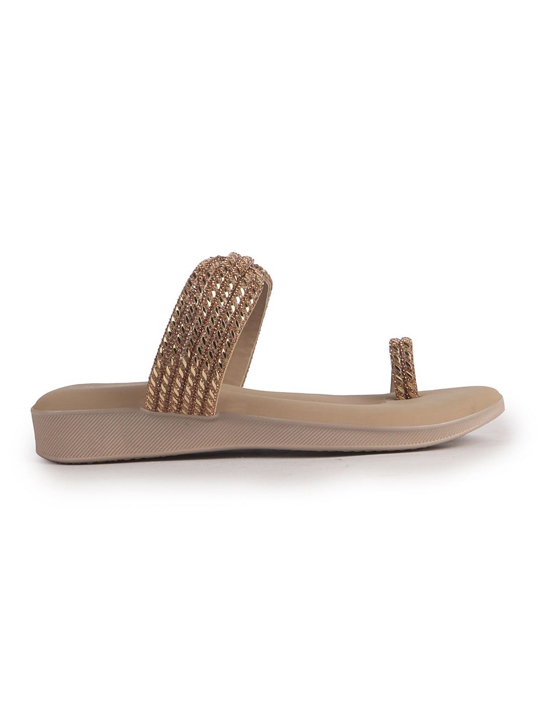 Women Khaki Toe Ring Crystal Strap Slip-On Ethnic Party Dress Sandals|Low Heel Wedge Slip On Ortho Slippers|Perfect for Wedding, Indian Festivals, Traditionals