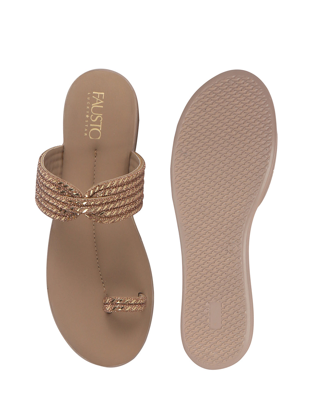 Women Khaki Toe Ring Crystal Strap Slip-On Ethnic Party Dress Sandals|Low Heel Wedge Slip On Ortho Slippers|Perfect for Wedding, Indian Festivals, Traditionals