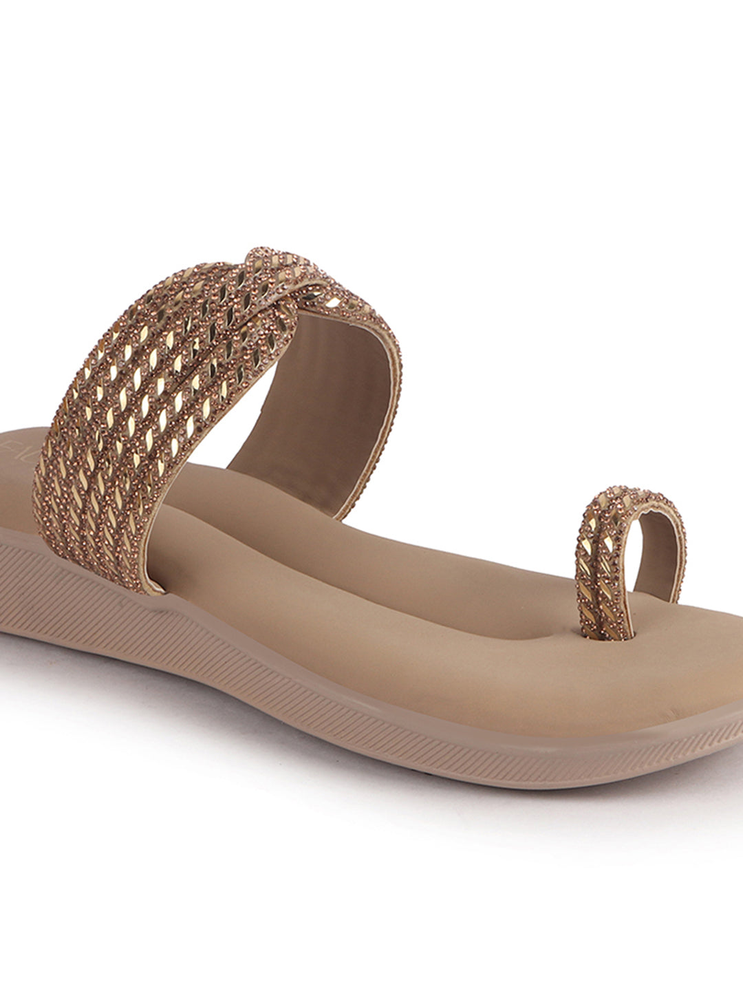 Women Khaki Toe Ring Crystal Strap Slip-On Ethnic Party Dress Sandals|Low Heel Wedge Slip On Ortho Slippers|Perfect for Wedding, Indian Festivals, Traditionals