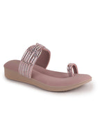 Women Lavender Toe Ring Crystal Strap Slip-On Ethnic Party Dress Sandals|Low Heel Wedge Slip On Ortho Slippers|Perfect for Wedding, Indian Festivals, Traditionals
