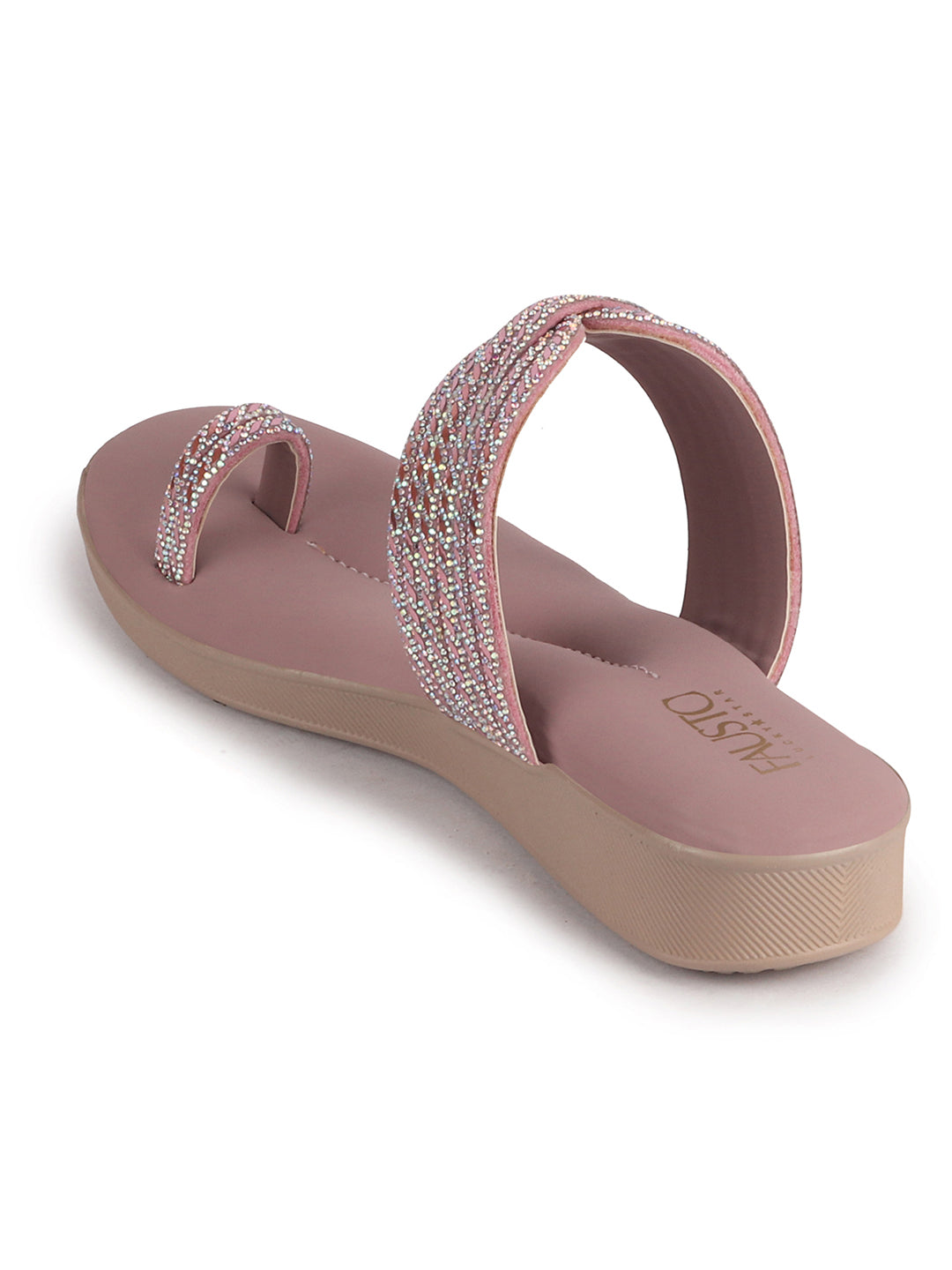 Women Lavender Toe Ring Crystal Strap Slip-On Ethnic Party Dress Sandals|Low Heel Wedge Slip On Ortho Slippers|Perfect for Wedding, Indian Festivals, Traditionals