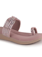 Women Lavender Toe Ring Crystal Strap Slip-On Ethnic Party Dress Sandals|Low Heel Wedge Slip On Ortho Slippers|Perfect for Wedding, Indian Festivals, Traditionals