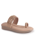 Women Pink Toe Ring Crystal Strap Slip-On Ethnic Party Dress Sandals|Low Heel Wedge Slip On Ortho Slippers|Perfect for Wedding, Indian Festivals, Traditionals