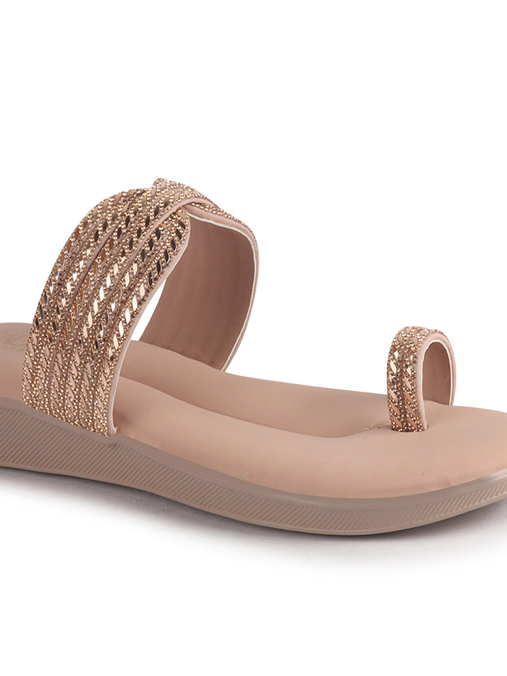 Women Pink Toe Ring Crystal Strap Slip-On Ethnic Party Dress Sandals|Low Heel Wedge Slip On Ortho Slippers|Perfect for Wedding, Indian Festivals, Traditionals