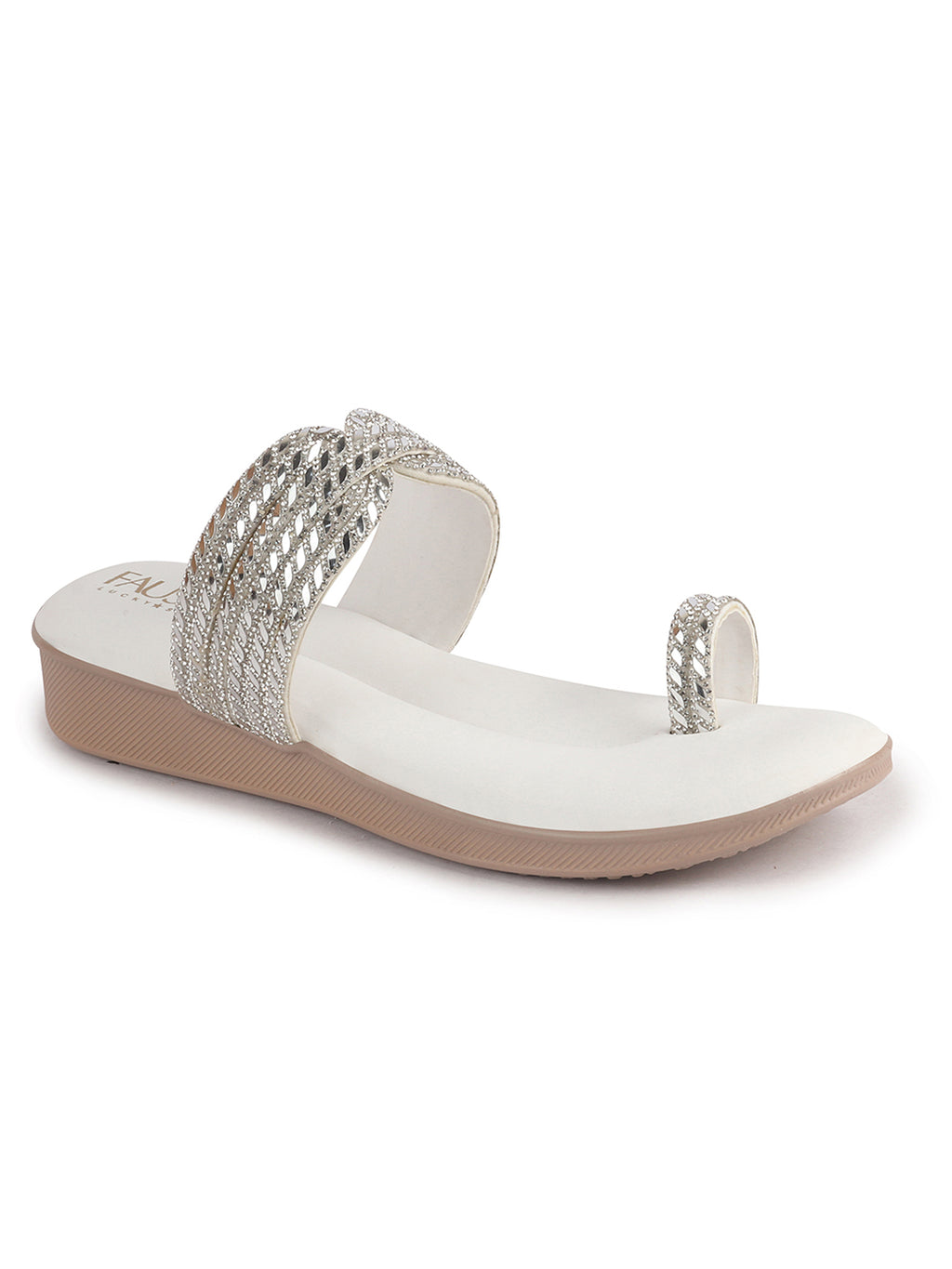 Women White Toe Ring Crystal Strap Slip-On Ethnic Party Dress Sandals|Low Heel Wedge Slip On Ortho Slippers|Perfect for Wedding, Indian Festivals, Traditionals