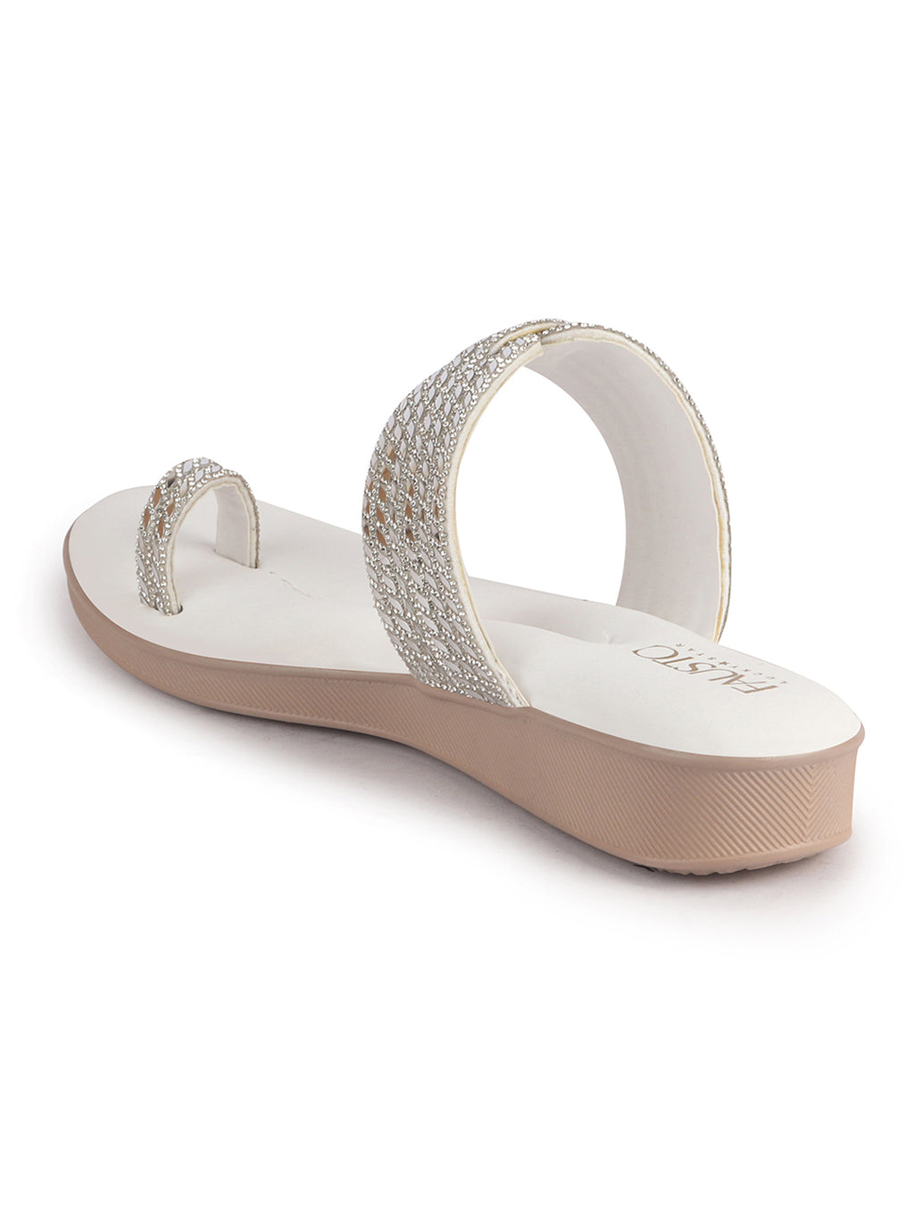 Women White Toe Ring Crystal Strap Slip-On Ethnic Party Dress Sandals|Low Heel Wedge Slip On Ortho Slippers|Perfect for Wedding, Indian Festivals, Traditionals