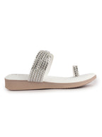 Women White Toe Ring Crystal Strap Slip-On Ethnic Party Dress Sandals|Low Heel Wedge Slip On Ortho Slippers|Perfect for Wedding, Indian Festivals, Traditionals