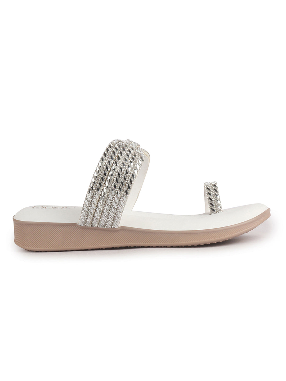 Women White Toe Ring Crystal Strap Slip-On Ethnic Party Dress Sandals|Low Heel Wedge Slip On Ortho Slippers|Perfect for Wedding, Indian Festivals, Traditionals