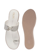 Women White Toe Ring Crystal Strap Slip-On Ethnic Party Dress Sandals|Low Heel Wedge Slip On Ortho Slippers|Perfect for Wedding, Indian Festivals, Traditionals