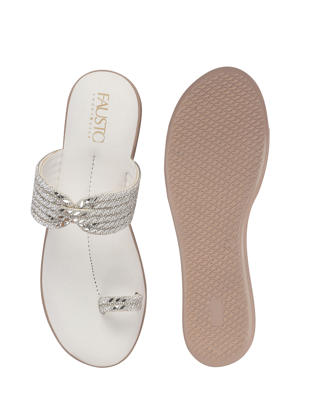Women White Toe Ring Crystal Strap Slip-On Ethnic Party Dress Sandals|Low Heel Wedge Slip On Ortho Slippers|Perfect for Wedding, Indian Festivals, Traditionals