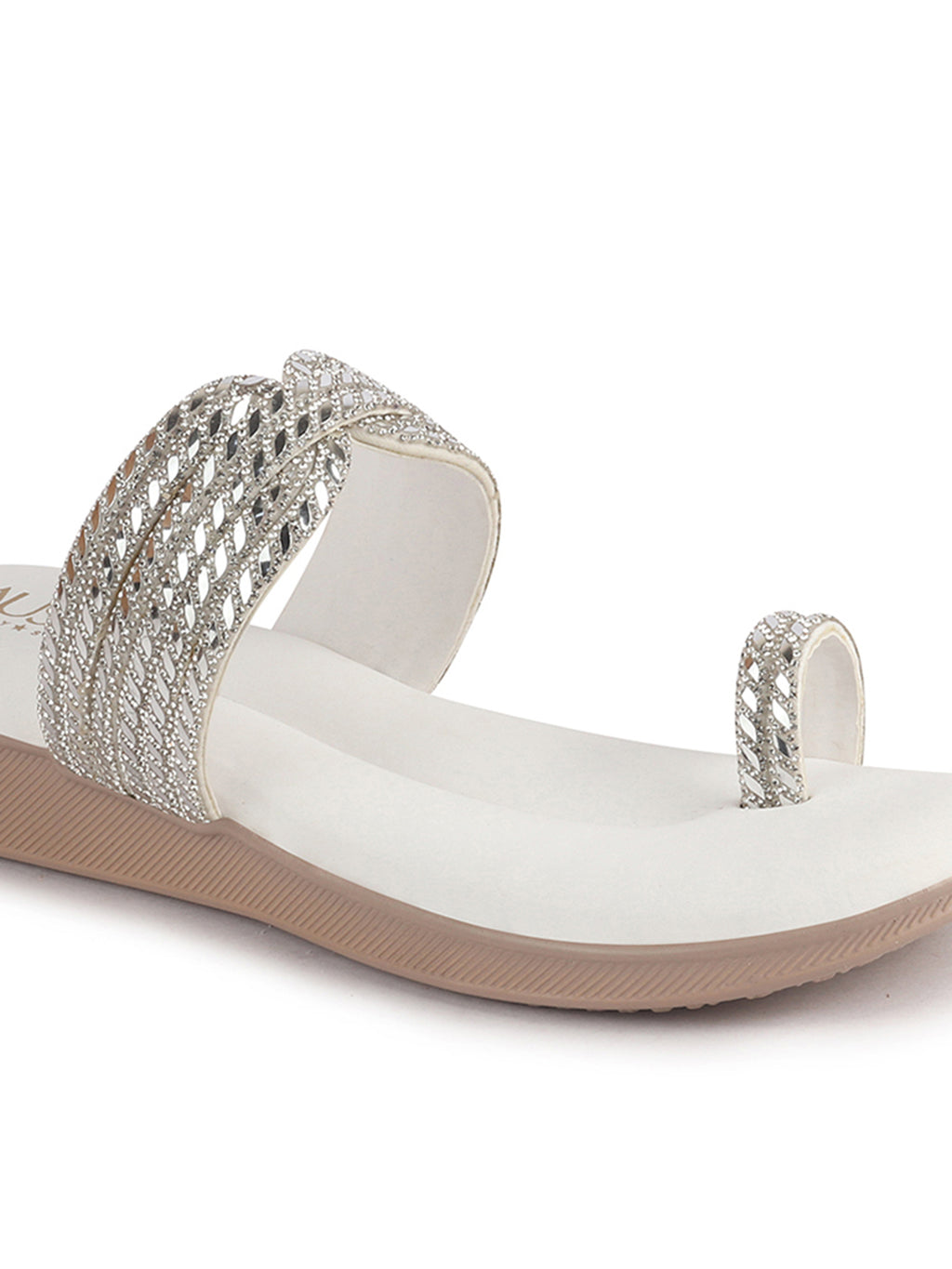 Women White Toe Ring Crystal Strap Slip-On Ethnic Party Dress Sandals|Low Heel Wedge Slip On Ortho Slippers|Perfect for Wedding, Indian Festivals, Traditionals