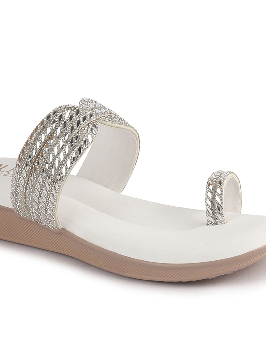 Women White Toe Ring Crystal Strap Slip-On Ethnic Party Dress Sandals|Low Heel Wedge Slip On Ortho Slippers|Perfect for Wedding, Indian Festivals, Traditionals
