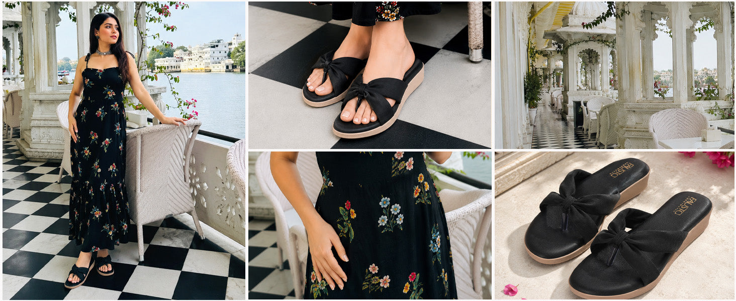 Women Black Bow Design Dual Strap Office Party Ortho Slip On Sandals|T-Strap Thong Slippers|Light Traditional Outfits, Festive Kurtis, Salwar Suit Set
