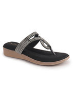 Women Black T-Strap Slip On Ethnic Sandals with Rhinestone Strap|Wedge Ortho Slip-On Slippers|Perfect for Wedding, Festive Outfits