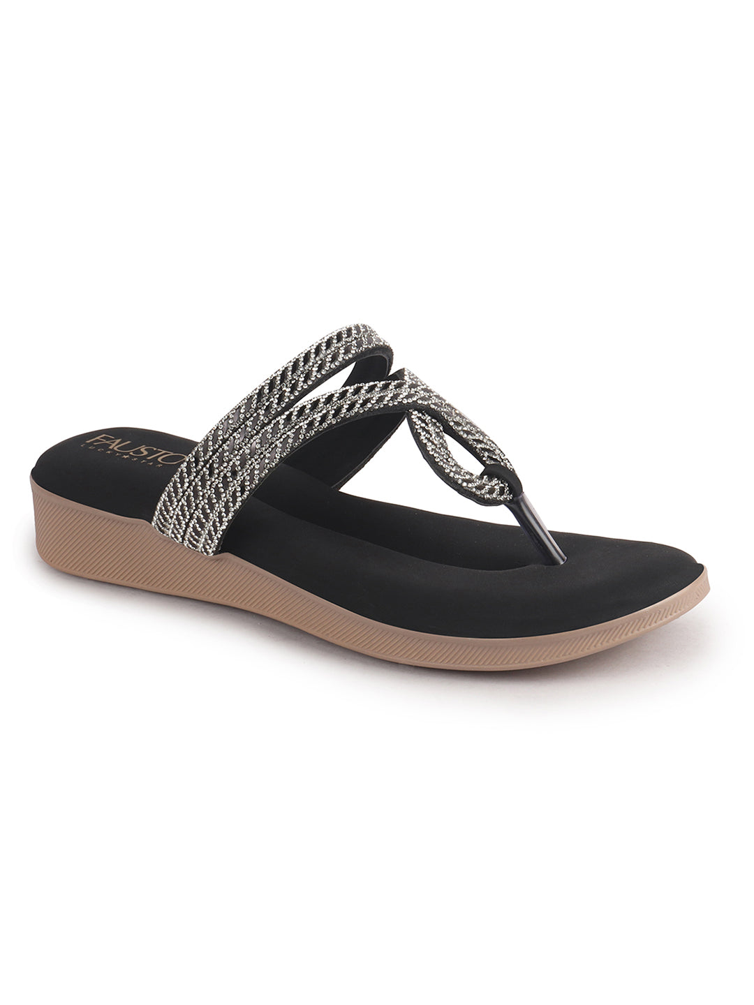 Women Black T-Strap Slip On Ethnic Sandals with Rhinestone Strap|Wedge Ortho Slip-On Slippers|Perfect for Wedding, Festive Outfits