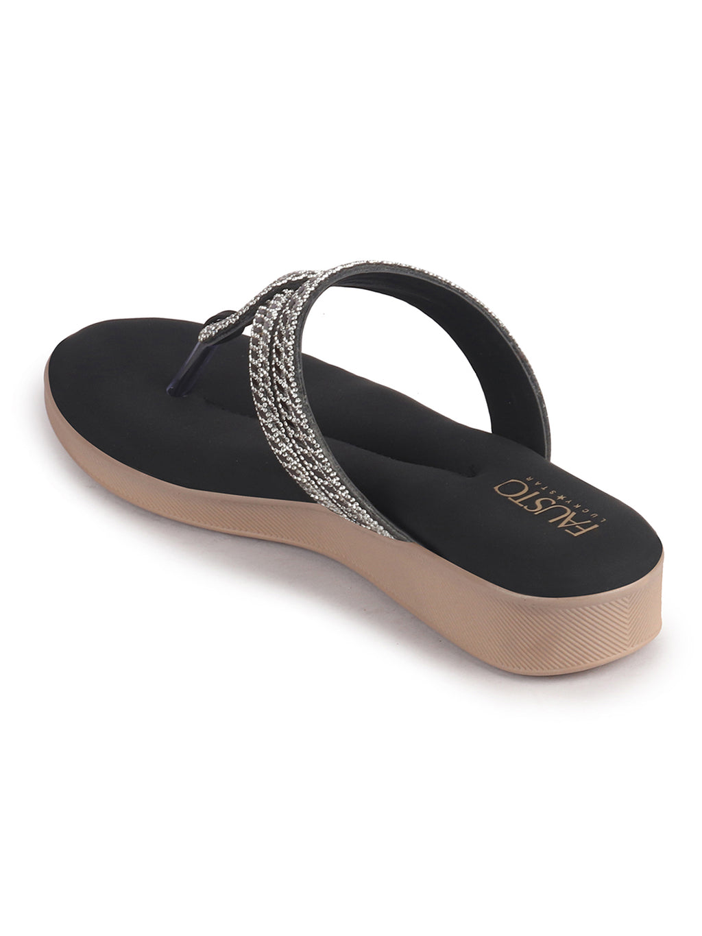 Women Black T-Strap Slip On Ethnic Sandals with Rhinestone Strap|Wedge Ortho Slip-On Slippers|Perfect for Wedding, Festive Outfits