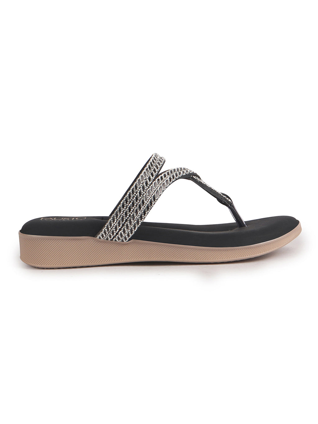 Women Black T-Strap Slip On Ethnic Sandals with Rhinestone Strap|Wedge Ortho Slip-On Slippers|Perfect for Wedding, Festive Outfits