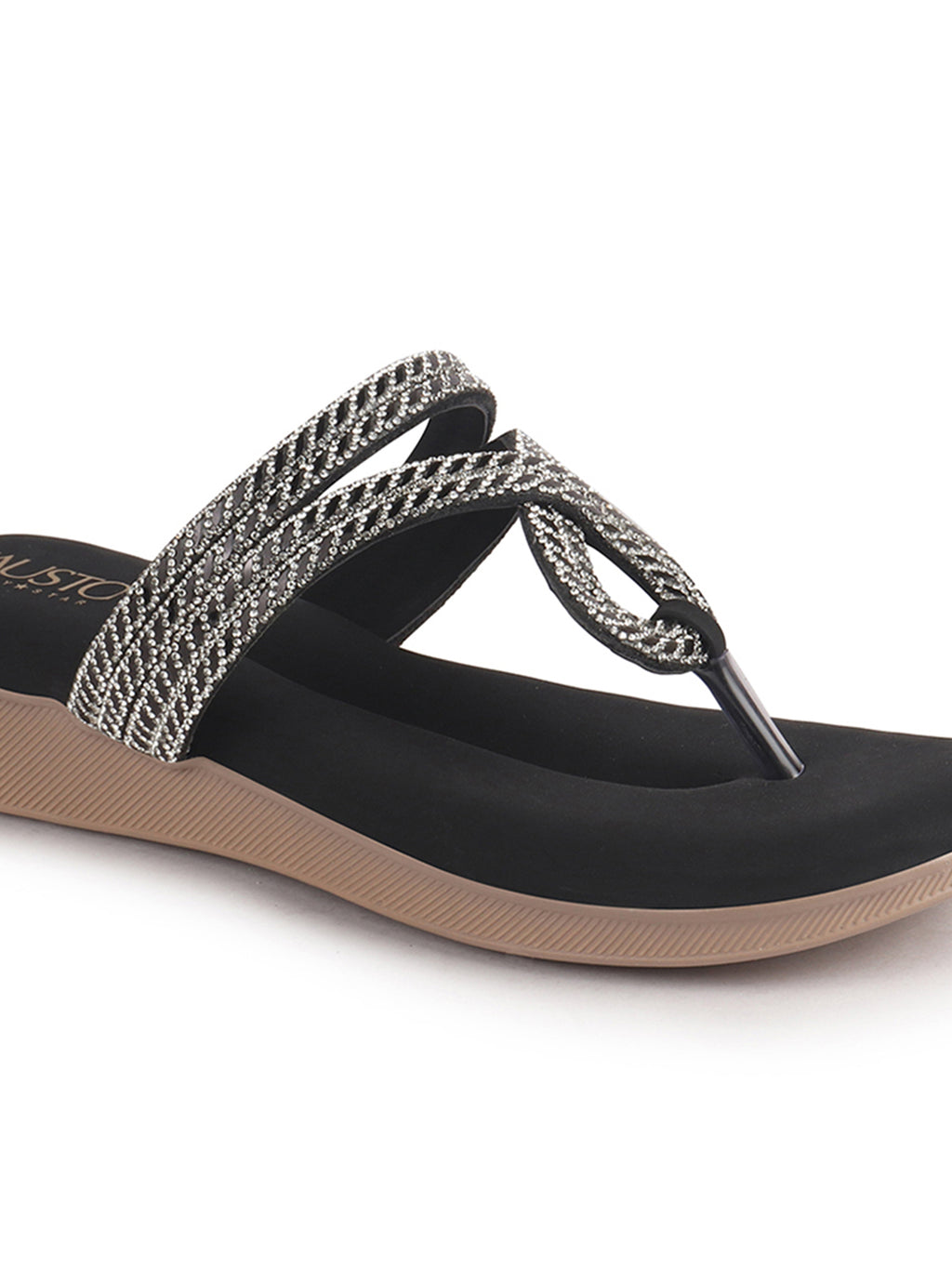 Women Black T-Strap Slip On Ethnic Sandals with Rhinestone Strap|Wedge Ortho Slip-On Slippers|Perfect for Wedding, Festive Outfits