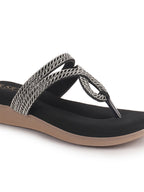 Women Black T-Strap Slip On Ethnic Sandals with Rhinestone Strap|Wedge Ortho Slip-On Slippers|Perfect for Wedding, Festive Outfits