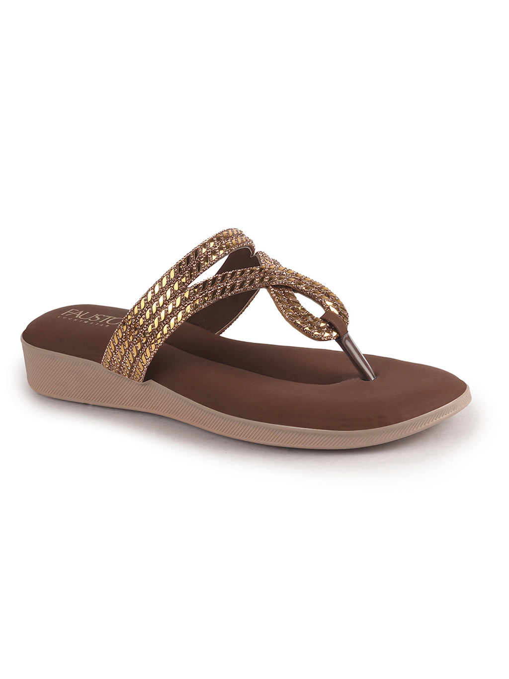 Women Brown T-Strap Slip On Ethnic Sandals with Rhinestone Strap|Wedge Ortho Slip-On Slippers|Perfect for Wedding, Festive Outfits