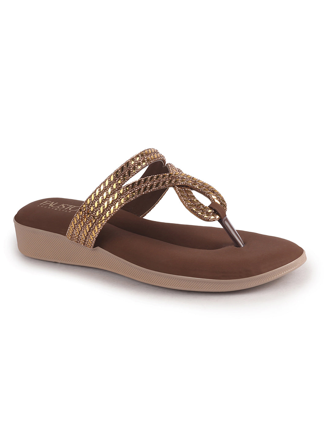 Women Brown T-Strap Slip On Ethnic Sandals with Rhinestone Strap|Wedge Ortho Slip-On Slippers|Perfect for Wedding, Festive Outfits