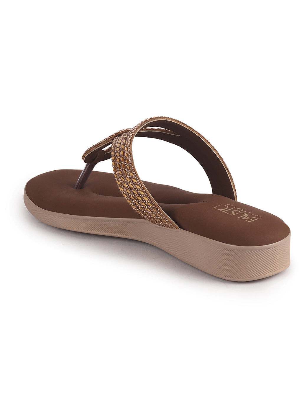 Women Brown T-Strap Slip On Ethnic Sandals with Rhinestone Strap|Wedge Ortho Slip-On Slippers|Perfect for Wedding, Festive Outfits